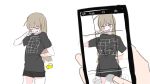  1girl 1other ahoge arm_behind_back bangs black_shorts blue_eyes blunt_bangs blush breasts brown_hair closed_eyes eyebrows_visible_through_hair highres holding holding_phone illusion_grid_t-shirt long_hair monorhea open_eyes original phone photo_(object) shaded_face shirt shorts simple_background sketch small_breasts smile standing t-shirt taking_picture v white_background 