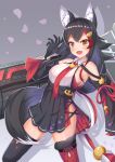  1girl animal_ears azur_lane black_hair breasts cocoasabure commentary_request fang highres hololive large_breasts long_hair looking_at_viewer ookami_mio open_mouth sideboob simple_background solo tail thighhighs virtual_youtuber wolf_ears wolf_tail yellow_eyes 