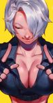  1girl absurdres angel_(kof) black_jacket breasts cleavage closed_eyes collarbone densen_(itoguchi) fingerless_gloves gloves hair_over_one_eye highres index_fingers_raised jacket large_breasts leather leather_jacket lips pose short_hair silver_hair solo the_king_of_fighters yellow_background 