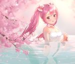  1girl 647531835 absurdres blush bow breasts camisole cherry_blossoms choker cleavage different_reflection flower hair_bow hair_flower hair_ornament hatsune_miku highres long_hair looking_at_viewer medium_breasts open_mouth partially_submerged pink_eyes pink_hair reflection shirt solo twintails vocaloid wading water white_shirt 