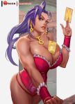  1girl asymmetrical_hair bare_shoulders between_breasts between_fingers bracer breasts card cleavage commentary earrings english_commentary fingernails hair_slicked_back huge_breasts jewelry long_fingernails long_hair neck_ring nose panties patreon_username pink_panties purple_eyes purple_hair rejean_dubois rose_(street_fighter) solo street_fighter tarot toned underbust underwear 