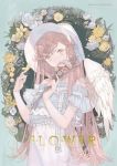  1girl bangs braid brown_eyes butterfly_on_finger commentary_request dress english_text feathered_wings flower holding holding_flower long_hair looking_at_viewer original ririfa side_braid solo swept_bangs very_long_hair white_headwear white_wings wings yellow_butterfly 
