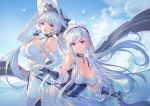  2girls :d apron azur_lane bangs belfast_(azur_lane) blue_eyes blue_sky blush braid breasts chain cleavage collar collarbone criin curtsey day dress elbow_gloves eyebrows_visible_through_hair flight_deck french_braid frills gloves hair_ornament hair_ribbon hat illustrious_(azur_lane) lace_trim large_breasts logo long_hair looking_at_viewer maid maid_headdress mole mole_under_eye multiple_girls official_art open_mouth outdoors ribbon rigging silver_hair skirt_hold sky smile strapless strapless_dress sun_hat white_dress white_gloves white_hair white_headwear 
