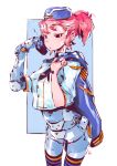  1girl andrea_cofrancesco black_nails blue_headwear blue_jacket closed_mouth cyborg fingernails hands_up hat holding holding_jacket jacket jacket_removed mechanical_arm original pink_hair red_eyes solo standing twintails 