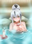  1girl black_hair blush bottle breasts cup fate/grand_order fate_(series) green_eyes hair_bun highres long_hair medium_breasts multicolored_hair nagao_kagetora_(fate) nagishy nude onsen sakazuki sake_bottle smile steam two-tone_hair white_hair 