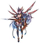  1girl blue_hair blue_pupils brave_frontier breasts cleavage_cutout crown cyborg dual_wielding gauntlets gradient_hair highres holding holding_sword holding_weapon large_breasts leotard long_hair looking_at_viewer mechanical_wings multicolored_hair official_art pink_hair purple_eyes reverse_grip silver_hair sword thighhighs weapon wings zenia_(brave_frontier) 