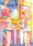  1boy 2girls aikatsu!_(series) aikatsu_stars! bikini blonde_hair blue_eyes bow brown_eyes casual_one-piece_swimsuit commentary_request eyelashes food_stand gradient_hair hair_bow halterneck highres holding_drink katou_akatsuki looking_to_the_side multicolored_hair multiple_girls nijino_yume one-piece_swimsuit open_mouth pink_hair sakuraba_rola smile striped swimsuit vertical-striped_bikini vertical_stripes 