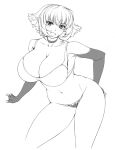  1girl ameoto breasts cala cleavage elbow_gloves fingerless_gloves gloves greyscale groin huge_breasts lineart looking_at_viewer monochrome navel pointy_ears purple_hair shiny shiny_skin short_hair simple_background solo thighs viper viper_rsr white_background 