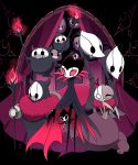 6+others animal_print bat_print black_background brumm cloak closed_eyes commentary_request curtains divine_(hollow_knight) fire flying full_body fur_collar grimm_(hollow_knight) grimmchild grimmkin highres holding_torch hollow_knight horns looking_at_viewer mask multiple_others no_humans peeking_out red_eyes sango_(y1994318) smile standing torch 