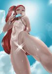  1girl a_pg arm_behind_back ass_visible_through_thighs b-11_night_angel bangs blue_sky brown_eyes censored cloud dark_skin flat_chest food forehead groin last_origin long_hair looking_at_viewer navel nipples one-piece_swimsuit open_mouth outdoors parted_bangs popsicle red_hair scrunchie see-through side_ponytail sky solo sun_glare swimsuit very_long_hair wet white_swimsuit 