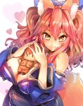  1girl animal_ear_fluff animal_ears bare_shoulders between_breasts blue_ribbon breasts cleavage closed_mouth commentary commentary_request detached_sleeves eyebrows_visible_through_hair fate/extella fate/extra fate/grand_order fate_(series) fox_ears fox_girl fox_tail hair_ribbon heart highres japanese_clothes kishinami_hakuno_(male) large_breasts long_hair looking_at_viewer pink_hair ribbon simple_background solo stuffed_toy tail tamamo_(fate)_(all) tamamo_no_mae_(fate) tsukumihara_academy_uniform_(fate/extra) twintails white_background wisespeak yellow_eyes 
