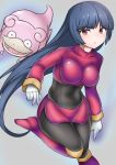  1girl black_hair bodysuit breasts brown_eyes closed_mouth gen_1_pokemon gloves gym_leader highres large_breasts long_hair looking_at_viewer natsume_(pokemon) pantyhose pokemon pokemon_(creature) pokemon_(game) pokemon_rgby simple_background skin_tight slowbro solo sumida_kichi 