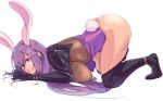 1girl animal_ears ass bodystocking bottomless breasts bunny_ears bunny_girl bunny_tail bunnysuit fate/grand_order fate_(series) hair_intakes highres large_breasts long_hair looking_at_viewer purple_hair red_eyes scathach_(fate)_(all) scathach_(fate/grand_order) shrug_(clothing) sideboob simple_background smile tail thighhighs top-down_bottom-up white_background zumizu 