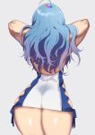  1girl absurdres ahoge argyle_cutout arms_behind_head arms_up ass azur_lane back bare_shoulders blue_dress blue_hair dress facing_away from_behind grey_background highres long_hair mashiro_(rikuya) short_dress simple_background solo st._louis_(azur_lane) taut_clothes taut_dress thighs two-tone_dress white_dress 