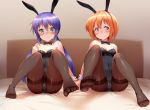  2girls animal_ears babu bed black_legwear black_leotard black_neckwear blue_eyes blue_hair blush bow bowtie breasts brown_eyes bunny_ears bunny_girl bunnysuit cleavage closed_mouth collarbone covered_navel eyebrows_visible_through_hair fake_animal_ears feet groin highres indoors koisuru_asteroid konohata_mira leotard long_hair looking_at_viewer manaka_ao multiple_girls on_bed orange_hair pantyhose shiny shiny_hair short_hair small_breasts smile twintails 