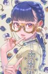  1girl bangs blue_hair braid cherico commentary_request dated earrings flower glasses gradient_hair jewelry lips long_hair looking_at_viewer multicolored_hair nail_polish original red_eyes ring semi-rimless_eyewear solo under-rim_eyewear white_nails 