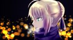  1girl ahoge artoria_pendragon_(all) blonde_hair blue_ribbon blue_scarf braid breath fate/grand_order fate_(series) french_braid from_side green_eyes highres ribbon saber saber_ruri scarf solo upper_body 