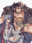  2boys animal_ears blue_hair brown_hair closed_eyes erune flower formal gloves granblue_fantasy highres jacket_on_shoulders male_focus mugen_(granblue_fantasy) multiple_boys necktie nehan_(granblue_fantasy) open_mouth short_hair smile toramaru_(696anna) 