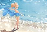  1girl :d aikatsu!_(series) aikatsu_stars! ass beach bikini blonde_hair blue_eyes highres holding holding_towel katou_akatsuki looking_at_viewer looking_back nikaidou_yuzu ocean open_mouth smile solo standing striped striped_bikini swimsuit towel twintails 