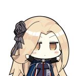  1girl arms_up azur_lane bangs black_flower black_rose blonde_hair blue_cloak blue_dress blush_stickers bunker_hill_(azur_lane) character_name chibi cloak commentary_request dress eyebrows_behind_hair flower hair_flower hair_ornament hair_over_one_eye high_collar jitome long_hair long_sleeves looking_at_viewer nejikirio_(style) parody parted_bangs rose sentinel_(ver20) simple_background solo style_parody underbust upper_body white_background 
