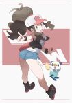  1girl ass bag baseball_cap black_vest breasts brown_hair denim denim_shorts graphite_(medium) hat high_ponytail highres long_hair looking_at_viewer nomura_(buroriidesu) open_mouth oshawott poke_ball poke_ball_(generic) pokemon pokemon_(creature) pokemon_(game) pokemon_bw ponytail shirt short_shorts shorts shoulder_bag sleeveless sleeveless_shirt tank_top thighs touko_(pokemon) traditional_media vest white_shirt wristband 