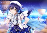  1girl armlet bangs beret birthday blue_hair blush braid character_name commentary_request cowboy_shot dated eyebrows_visible_through_hair flower gloves hair_between_eyes hair_flower hair_ornament hairclip hand_on_own_chest happy_birthday hat headset heart highres long_hair looking_at_viewer love_live! love_live!_school_idol_project necktie shiimai short_sleeves skirt smile solo sonoda_umi striped striped_neckwear white_gloves white_headwear wings 