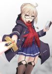  1girl ahoge artoria_pendragon_(all) black-framed_eyewear blonde_hair blue_serafuku coat cross_(crossryou) duffel_coat excalibur fate/grand_order fate_(series) fringe_trim garter_straps glasses hair_between_eyes highres holding holding_sword holding_weapon hooded_coat looking_at_viewer mysterious_heroine_x_(alter) open_clothes open_coat plaid plaid_scarf red_scarf scarf semi-rimless_eyewear simple_background solo sword thighhighs under-rim_eyewear weapon yellow_eyes 