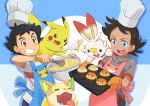  2boys absurdres apron black_hair blue_background blue_eyes brown_eyes chef_hat clenched_teeth dark_skin dark_skinned_male drooling facial_mark food gen_1_pokemon gen_8_pokemon gou_(pokemon) hat highres male_focus mixing_bowl muffin multiple_boys official_art open_mouth oven_mitts pikachu pokemon pokemon_(anime) pokemon_(creature) pokemon_swsh_(anime) satoshi_(pokemon) scorbunny shirt spatula t-shirt teeth tray upper_teeth whisk white_day yamper yasuda_shuuhei 