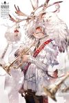  2boys animal_ears antlers bell belt bird brown_pants flower fur_trim highres holding holding_instrument instrument jacket male_focus multiple_boys oboe original owl ozadomi pants reindeer_antlers snowy_owl tail trumpet white_background white_hair white_jacket yellow_eyes 