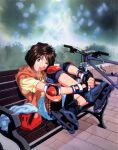  1990s_(style) 1girl :d aa_megami-sama artist_request bangs bench bicycle bike_shorts bike_shorts_under_shorts black_gloves black_shorts blue_footwear bob_cut brick_floor brown_eyes brown_hair denim denim_shorts elbow_pads fingerless_gloves foliage gloves ground_vehicle hair_strand headwear_removed helmet helmet_removed highres hood hoodie inline_skates knee_pads knee_up leg_hug morisato_megumi mountain_bicycle one_eye_closed open_mouth orange_hoodie park park_bench red_helmet roller_skates scan shirt shoelaces shoes short_hair shorts sitting sitting_on_bench skates sleeveless sleeveless_hoodie smile solo t-shirt tomboy towel tying_shoes yellow_shirt 