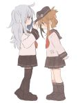  2girls anchor anchor_symbol bangs black_footwear black_legwear blush brown_hair closed_mouth eyebrows_visible_through_hair facing_another flat_cap folded_ponytail from_side hat hibiki_(kantai_collection) inagawa_(kidou_kairo) inazuma_(kantai_collection) kantai_collection kneehighs long_hair long_sleeves multiple_girls open_mouth pleated_skirt ponytail profile red_neckwear sailor_collar school_uniform serafuku silver_hair simple_background skirt standing thighhighs white_background 