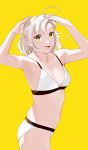  1girl arms_up bikini breasts cowboy_shot green_eyes grey_hair hair_tie highres kantai_collection kinugasa_(kantai_collection) looking_at_viewer ojipon one_side_up remodel_(kantai_collection) shading_eyes short_hair simple_background small_breasts solo standing swimsuit white_bikini yellow_background 