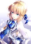  1girl ahoge arthur_pendragon_(fate) arthur_pendragon_(fate)_(cosplay) artoria_pendragon_(all) bangs blonde_hair blue_neckwear blue_ribbon blush buttons commentary_request cosplay eyebrows_visible_through_hair fate/grand_order fate_(series) formal green_eyes hair_ribbon hane_yuki highres jewelry lapel lapel_pin long_hair looking_at_viewer multicolored multicolored_clothes necktie parted_lips pendant ribbon saber solo suit vest white_background white_rose_(fate/grand_order) white_suit 