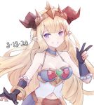  1girl alternate_race bangs bare_shoulders black_gloves blonde_hair blunt_bangs breasts cagliostro_(granblue_fantasy) cleavage collarbone draph gloves granblue_fantasy horns medium_breasts navel parted_lips partly_fingerless_gloves pointy_ears punished_pigeon purple_eyes smile solo tiara v 