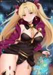 1girl asymmetrical_legwear asymmetrical_sleeves bangs between_breasts black_legwear black_leotard blonde_hair blush breasts cape cleavage closed_mouth cyicheng detached_collar earrings ereshkigal_(fate/grand_order) fate/grand_order fate_(series) gold_trim highleg highleg_leotard hoop_earrings infinity jewelry large_breasts leotard long_hair long_sleeves looking_at_viewer multicolored multicolored_cape multicolored_clothes necklace parted_bangs red_cape red_eyes single_sleeve single_thighhigh skull smile solo spine thighhighs thighs tiara two_side_up yellow_cape 