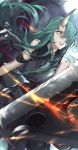  1girl arknights arm_ribbon arm_scarf bare_shoulders clenched_teeth clothes_around_waist commentary_request dragon_horns fighting green_eyes green_hair hair_over_one_eye highres holding_shield horn horns hoshiguma_(arknights) jacket_around_waist loalo long_hair oni_horn oni_horns pale_skin ribbon shield shirt_around_waist skin-covered_horns sweat teeth 