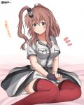  1girl absurdres blush brown_hair collarbone eyebrows_visible_through_hair grey_eyes hair_between_eyes highres kantai_collection long_hair meguru_(megurunn) remodel_(kantai_collection) saratoga_(kantai_collection) short_sleeves side_ponytail smile solo 