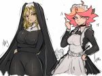  2girls alternate_costume amanda_o&#039;neill apron black_dress blonde_hair breasts brown_eyes choker cross crossover crucifix dimaria_yesta dress enmaided fairy_tail frilled_apron frills green_eyes habit hair_between_eyes highres large_breasts little_witch_academia maid maid_apron maid_dress maid_headdress middle_finger multicolored_hair multiple_girls nun omiza_somi orange_hair simple_background two-tone_hair waist_apron white_apron white_background 