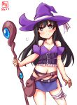  1girl artist_logo asagao_(flower_knight_girl) asagao_(flower_knight_girl)_(cosplay) asashio_(kantai_collection) bangs bare_shoulders black_hair blue_eyes collarbone commentary_request cosplay cowboy_shot dated flower_knight_girl hat highres holding holding_staff kanon_(kurogane_knights) kantai_collection long_hair microskirt navel purple_headwear simple_background skirt smile solo staff white_background witch_hat 