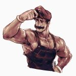  1boy armpit_hair chest_hair commentary david_liu english_commentary facial_hair gloves hat highres male_focus manly mario mario_(series) muscle mustache overalls shirtless solo super_mario_bros. sweat thick_eyebrows upper_body white_gloves 