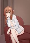  1girl absurdres armchair bottomless breasts brown_background brown_hair chair chin_rest cleavage crossed_legs curtains feet_out_of_frame girls_frontline green_eyes hair_between_eyes hair_ribbon half_updo highres leaning_to_the_side legs long_hair long_sleeves looking_at_viewer m1903_springfield_(girls_frontline) macayase medium_breasts naked_shirt no_bra open_clothes open_shirt ribbon shirt sitting smile solo white_shirt 