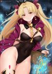  1girl asymmetrical_legwear asymmetrical_sleeves bangs between_breasts black_legwear black_leotard blonde_hair blush breasts cape cleavage closed_mouth cyicheng detached_collar earrings ereshkigal_(fate/grand_order) fate/grand_order fate_(series) gold_trim highleg highleg_leotard hoop_earrings infinity jewelry large_breasts leotard long_hair long_sleeves looking_at_viewer multicolored multicolored_cape multicolored_clothes necklace parted_bangs red_cape red_eyes single_sleeve single_thighhigh skull smile solo spine thighhighs thighs tiara two_side_up yellow_cape 