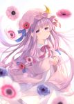  1girl anemone_(flower) blue_ribbon blurry blush closed_mouth crescent depth_of_field dress floating_hair flower hair_flower hair_ornament hair_ribbon hands_clasped hat hat_flower interlocked_fingers long_hair long_sleeves looking_at_viewer mimi_(mimi_puru) mob_cap nail_polish neck_ribbon own_hands_together patchouli_knowledge pink_headwear pink_nails pink_ribbon purple_eyes purple_hair ribbon sad solo tears touhou very_long_hair white_background white_dress 