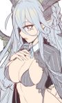  +_+ 1girl blue_hair breasts fate/grand_order fate_(series) hand_on_own_chest horns large_breasts long_sleeves looking_at_viewer mou_tama_maru open_mouth pointy_ears red_eyes skindentation solo symbol_commentary tiamat_(fate/grand_order) upper_body 