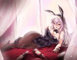  1girl alternate_costume animal_ears azur_lane bare_shoulders blush bottle bow bowtie breasts bunny_ears bunny_girl bunnysuit cleavage detached_collar fake_animal_ears gangut_(azur_lane) hair_between_eyes large_breasts long_hair looking_at_viewer lying matsukura_nemu on_bed on_side open_mouth pantyhose red_eyes silver_hair smile solo very_long_hair 