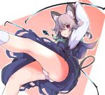  1girl animal_ear_fluff animal_ears arm_up commentary_request crystal eyebrows_visible_through_hair furorina grey_hair hair_between_eyes jewelry legs long_sleeves looking_at_viewer mouse_ears mouse_tail nazrin panties pendant red_eyes short_hair skirt socks solo tail touhou underwear white_panties 