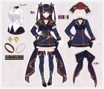  1girl bangs black_bow black_hair black_ribbon black_skirt blue_footwear blue_jacket blue_legwear blush boots border bow breasts character_sheet closed_mouth color_guide commentary_request eyebrows_visible_through_hair frilled_skirt frilled_sleeves frills gloves grey_border hair_ribbon hand_on_hip jacket long_hair long_sleeves looking_at_viewer medium_breasts multiple_views original outline red_eyes ribbon shirt skirt standing sutoroa thigh_boots thighhighs translation_request two_side_up white_gloves white_outline white_shirt 