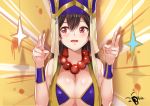  1girl absurdres bangs bare_shoulders bead_necklace beads bikini blinkblink_art blush breasts brown_hair cleavage double_v earrings emotional_engine_-_full_drive fate/grand_order fate_(series) hair_between_eyes hands_up hat highres jewelry large_breasts long_hair looking_to_the_side necklace open_mouth parody prayer_beads red_eyes solo sparkle swimsuit v vest wrist_cuffs xuanzang_(fate/grand_order) yellow_background 
