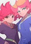  2girls amanda_o&#039;neill black_eyes cosplay costume_switch green_eyes hood hoodie kumatora little_witch_academia looking_at_viewer luna_nova_school_uniform mother_(game) mother_3 multicolored_hair multiple_girls omiza_somi orange_hair red_hair school_uniform simple_background trait_connection two-tone_hair white_background 
