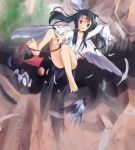  1girl akabane_hibame bare_legs barefoot bird bird_wings black_hair eyebrows_visible_through_hair falling feathered_wings feathers head_wings long_hair looking_at_viewer multicolored_hair no_panties original outdoors outstretched_arm outstretched_hand red_eyes red_hair shirt solo twitter_username two-tone_hair white_shirt white_wings wings 
